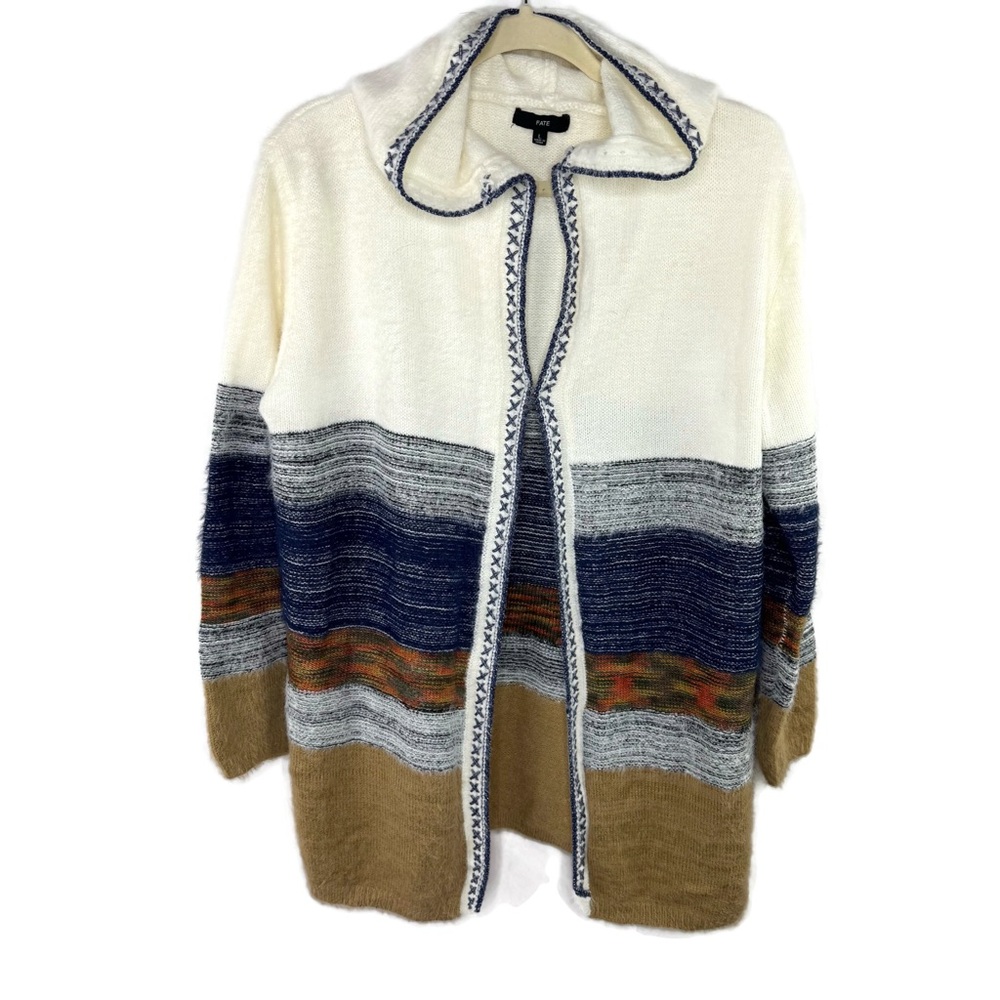 Fate Cozy Striped Southwest Theme Hooded Cardigan in Cream and Tan Fuzzy KOZY